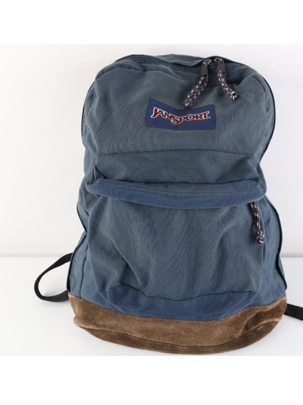 Vtg 90s JanSport Faded Spell Out Suede Leather Bottom Backpack Book Bag Blue USA